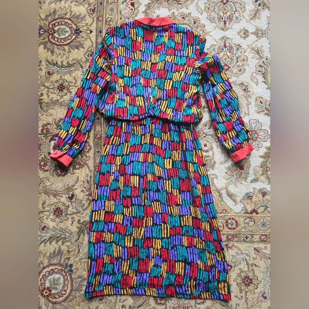 Vintage 70's Utah Tailoring Women's Colorblock Neck Bow Silk Designer Dress S - Picture 8 of 9